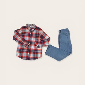 Janie and Jack Plaid Red Button Down Shirt and Sea blue Corduroy Pants